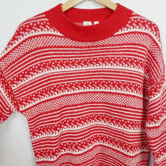 Gap Fair Isle Mock Neck Pullover Sweater Sz M Red Ivory Heavyweight Knit - Picture 4 of 9